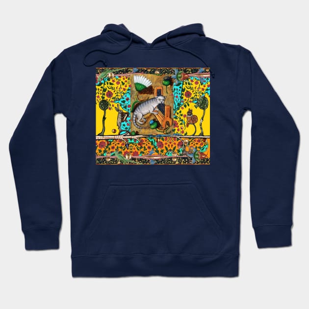 WEIRD MEDIEVAL BESTIARY MAKING MUSIC, Cat Playing Organ,Harpist Rabbit,Snail Cat in Yellow Blue Hoodie by BulganLumini